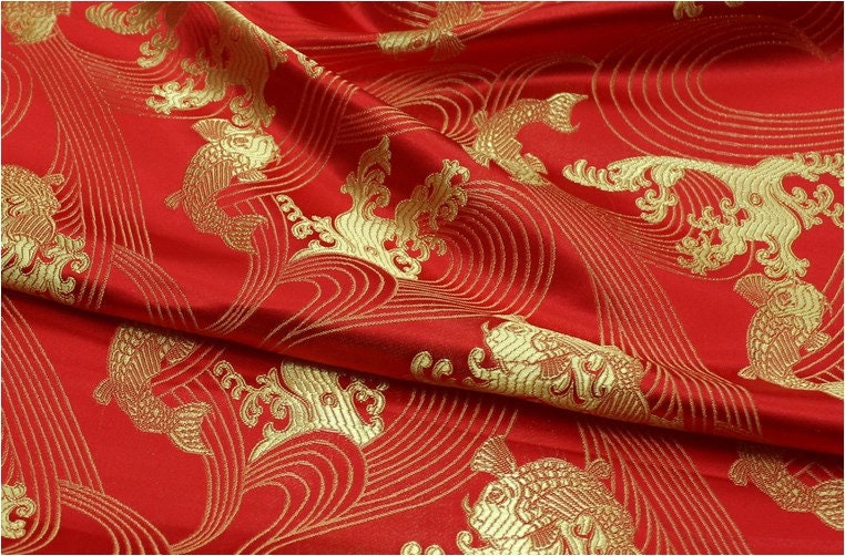 Golden Fish Silk Brocade Fabric: Red Cheongsam Fabric (29.5"W)