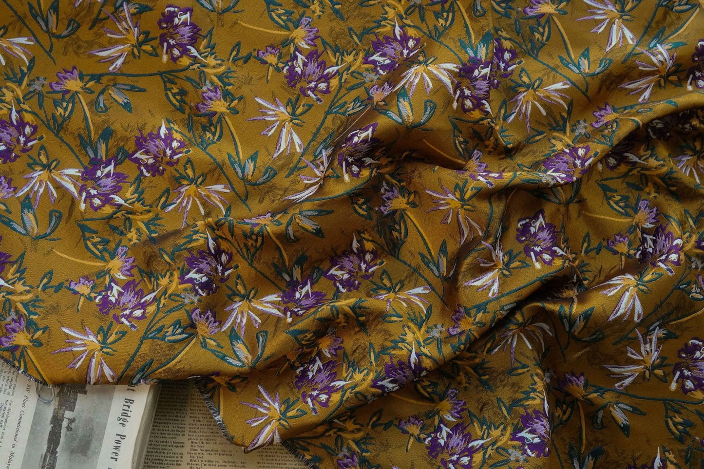 Caramel Floral Embossed Jacquard Fabric: 57" Wide Polyester