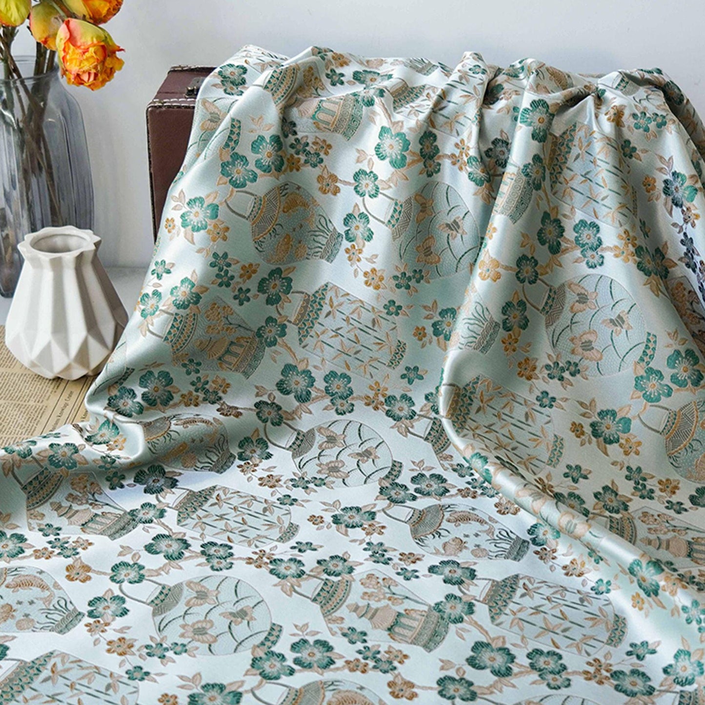 Jacquard Brocade Fabric: Chinese Floral Vase Design, 65" Wide