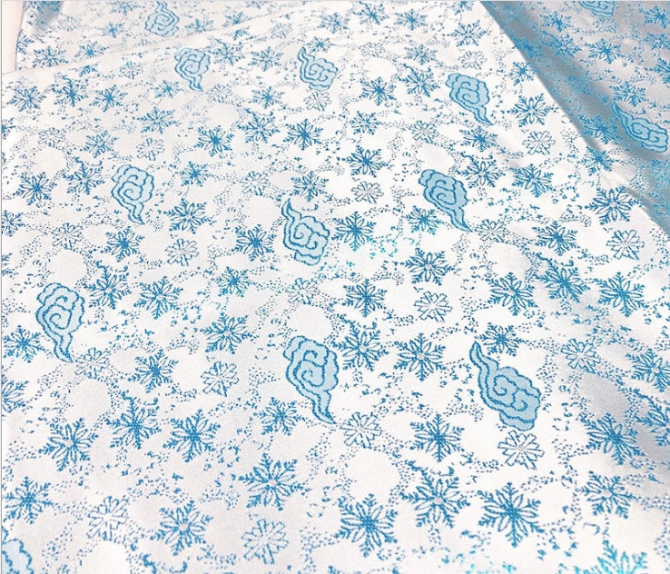 White & Blue Silk Brocade Fabric: Snow Cloud Design, 29.5" Wide