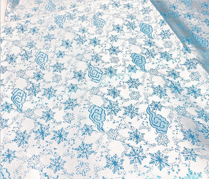 White & Blue Silk Brocade Fabric: Snow Cloud Design, 29.5" Wide
