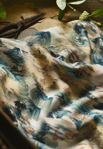 Tissu en coton à motif de peinture à l'encre de Chine : paysage ancien, 140 cm de large