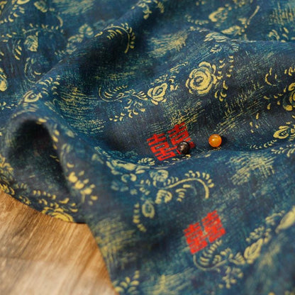 Tissu ramie à imprimé floral turquoise : teinture végétale naturelle (57 po L)