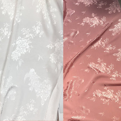Tissu damassé satiné jacquard à motif pivoine et paon, rayonne double face, largeur 150 cm, vendu au mètre