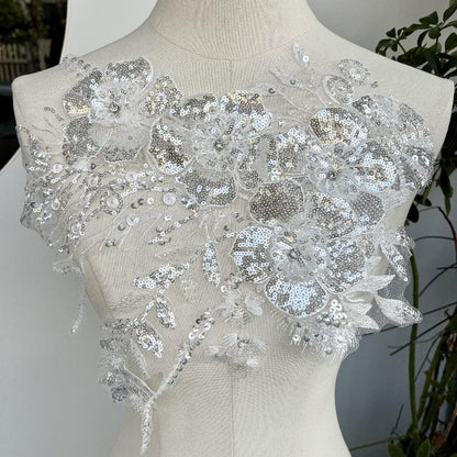 Embroidered Lace Trim: Sequined Floral Applique, Bridal Wedding Dress Fabric - By The Yard