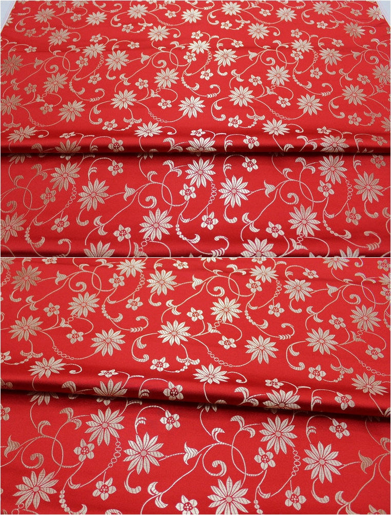 Tissu satiné brocart à motifs floraux : rouge et noir, 75 cm de large