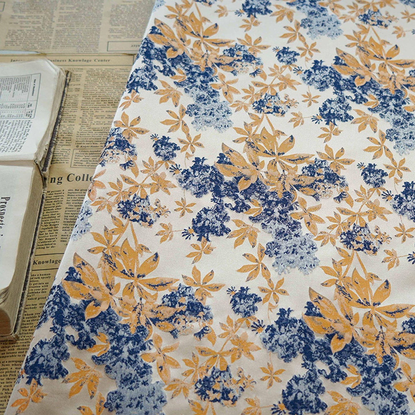 Floral Jacquard Fabric: Oil Painting Style, Blue & Gold, 59" Wide
