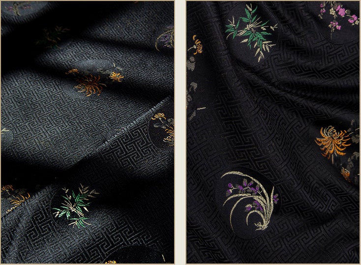 Black Chrysanthemum Brocade Fabric: Plum Bamboo Satin, 29.5"W