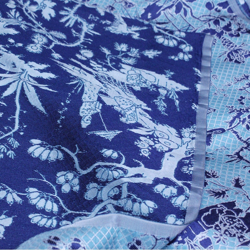 Reversible Jacquard Fabric: Ancient Painting Pattern, Blue Toile, 54"W - By The Yard