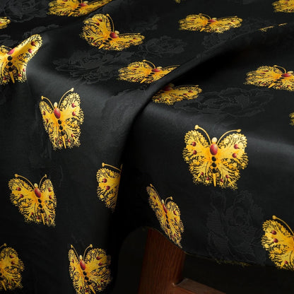 Black & Gold Butterfly Silk Jacquard Fabric: Cheongsam Hanfu Material