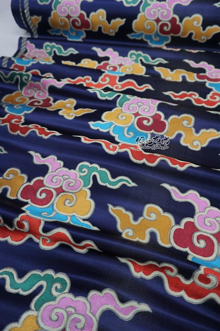 Dark Blue Auspicious Clouds Jacquard Fabric: Tibetan Style Costume Dress Material