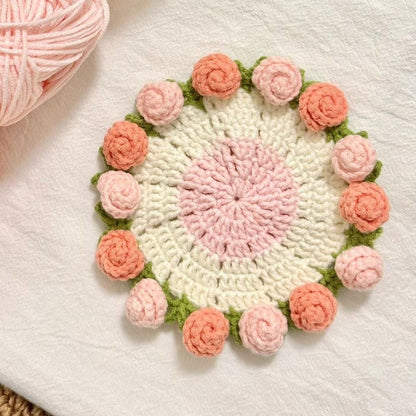 Kit de sous-verres roses au crochet à faire soi-même : Matériel pour la confection de fleurs artisanales