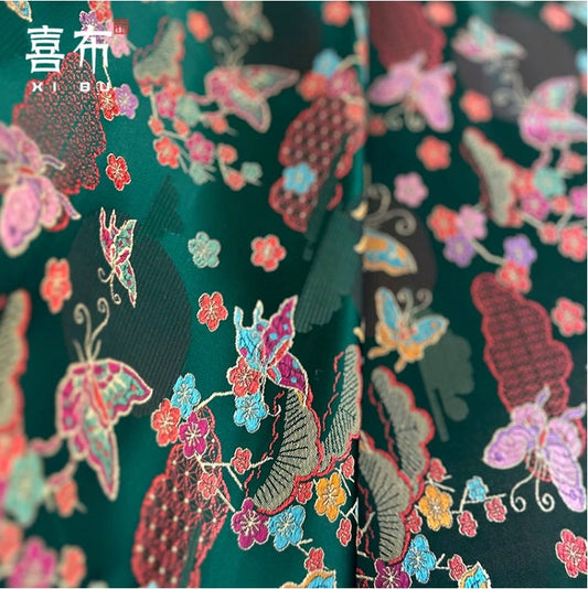 Butterfly Floral Brocade Fabric: Dark Green Rayon Silk Jacquard (47"W)