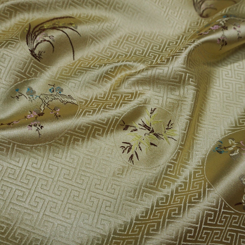 Floral Silk Brocade Fabric: Chinese Plum, Orchid, Bamboo - 29.5" Wide