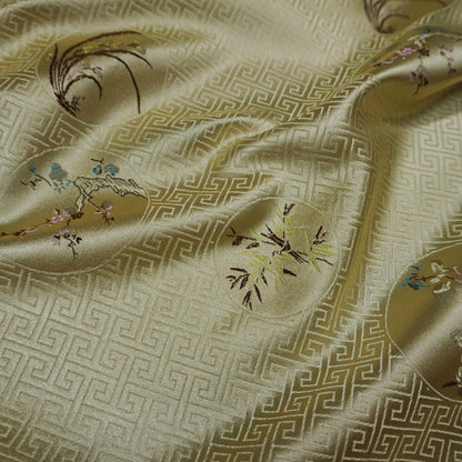 Floral Silk Brocade Fabric: Chinese Plum, Orchid, Bamboo - 29.5" Wide