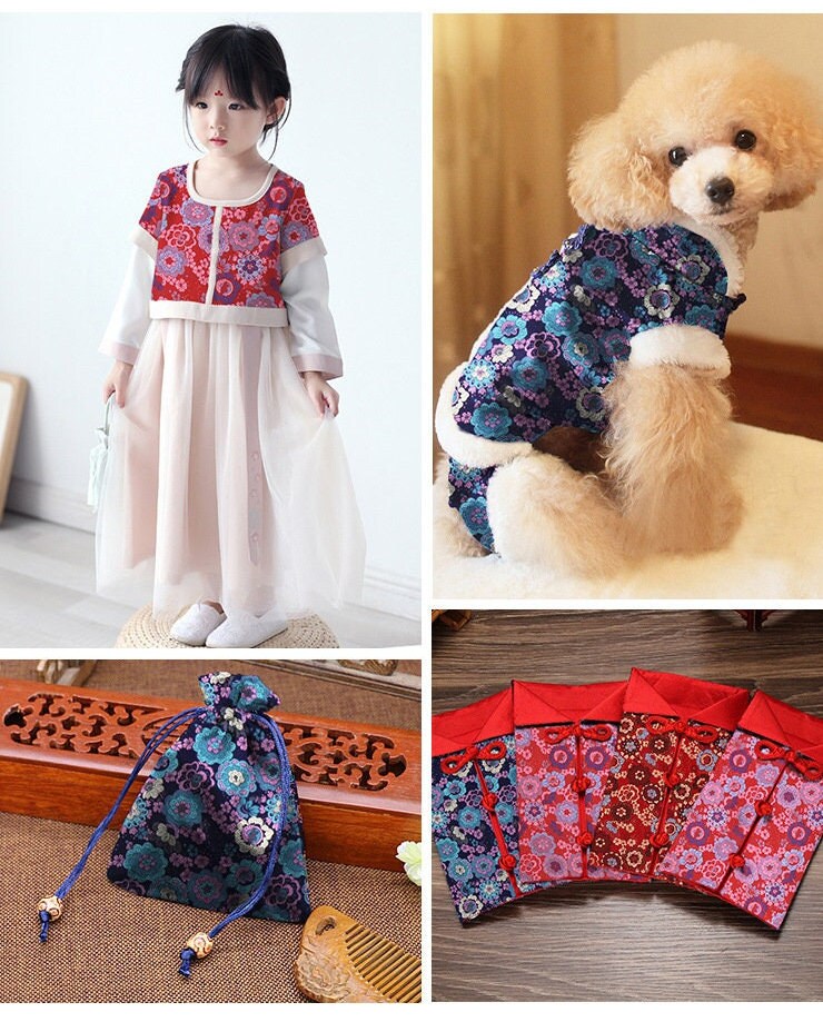 Floral Japanese Kinran Brocade Fabric: Red & Blue Rayon, 59" Wide