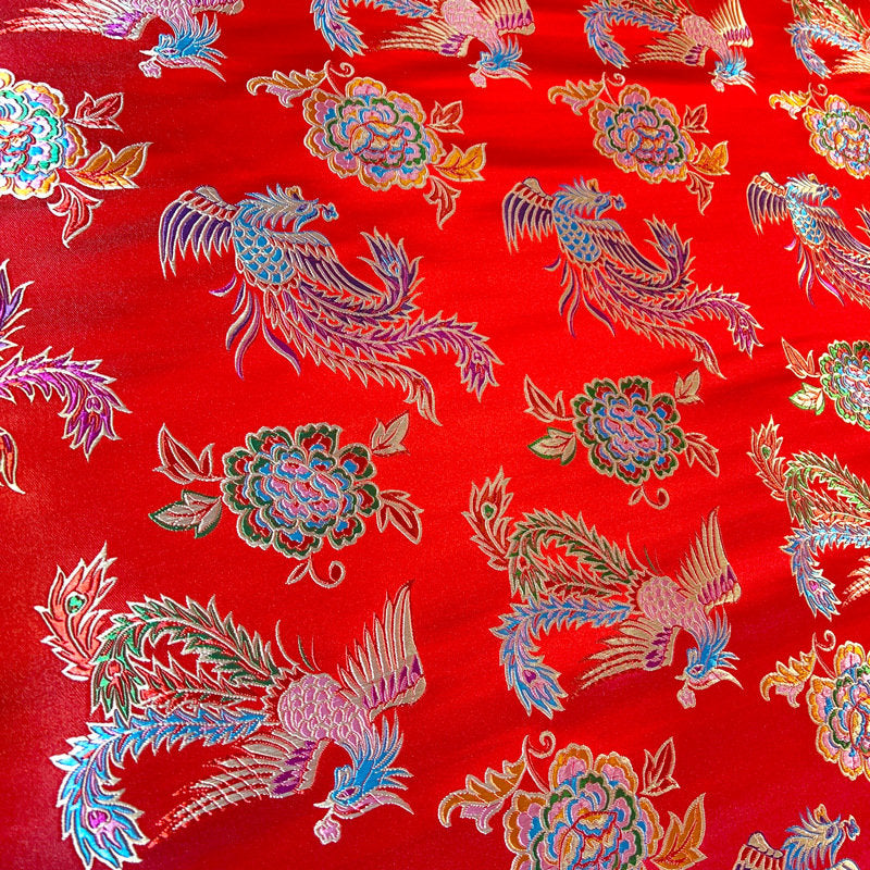 Tissu brocart phénix pivoine rouge : Décoration de costume porte-bonheur (largeur 59 pouces)