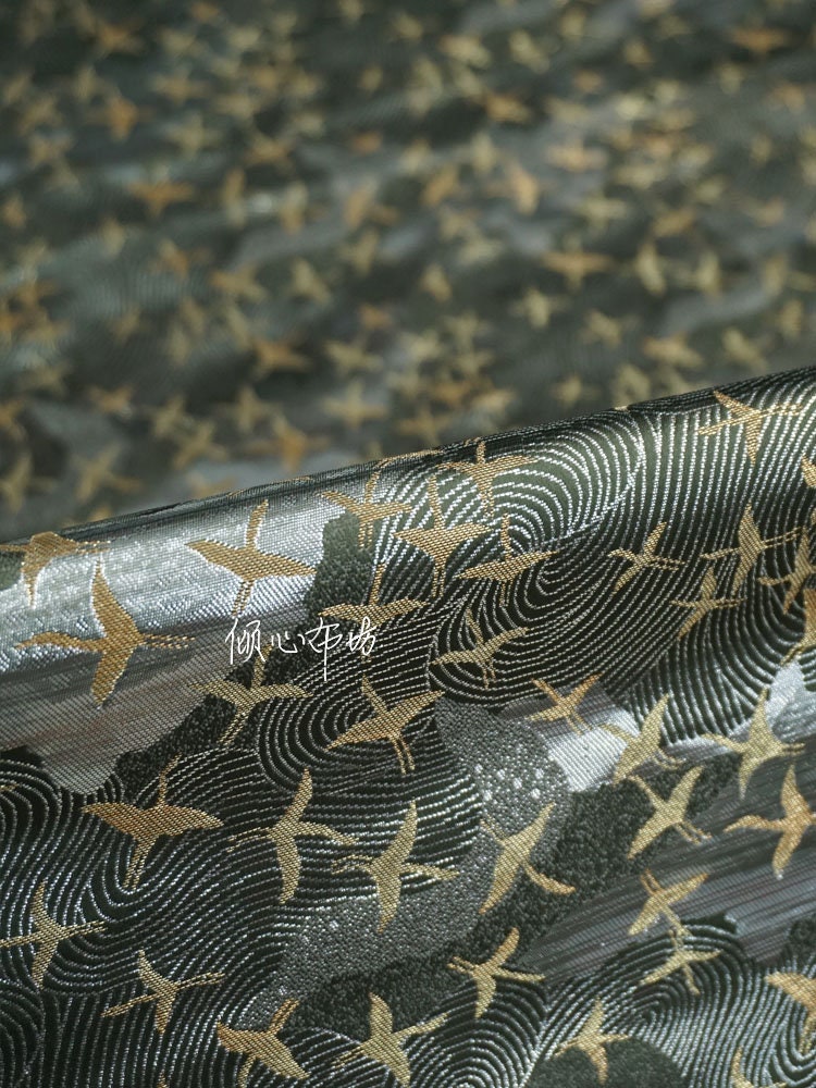 Crane Jacquard Satin Fabric: Silver Grey Retro Brocade, 29.5"W