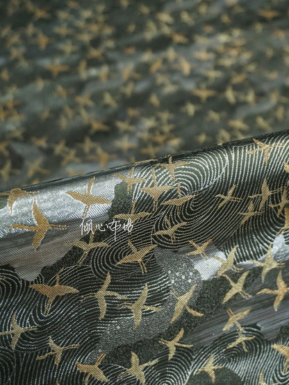Crane Jacquard Satin Fabric: Silver Grey Retro Brocade, 29.5"W