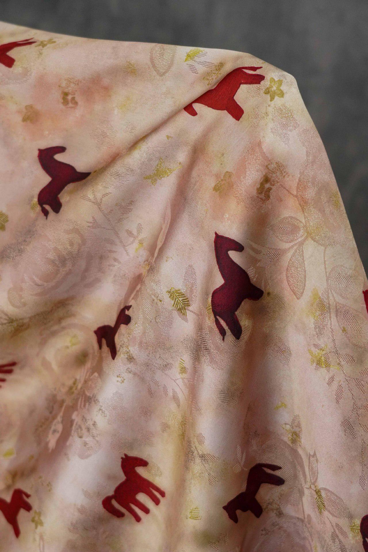 Horse Print Satin Fabric ��� Chinese Style Rose Dec"W