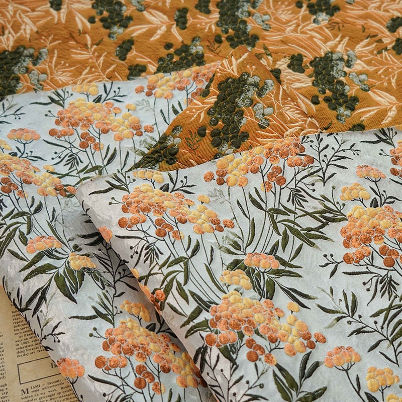 Floral Jacquard Fabric: 3D Embossed Gold Shimmering Woven Material
