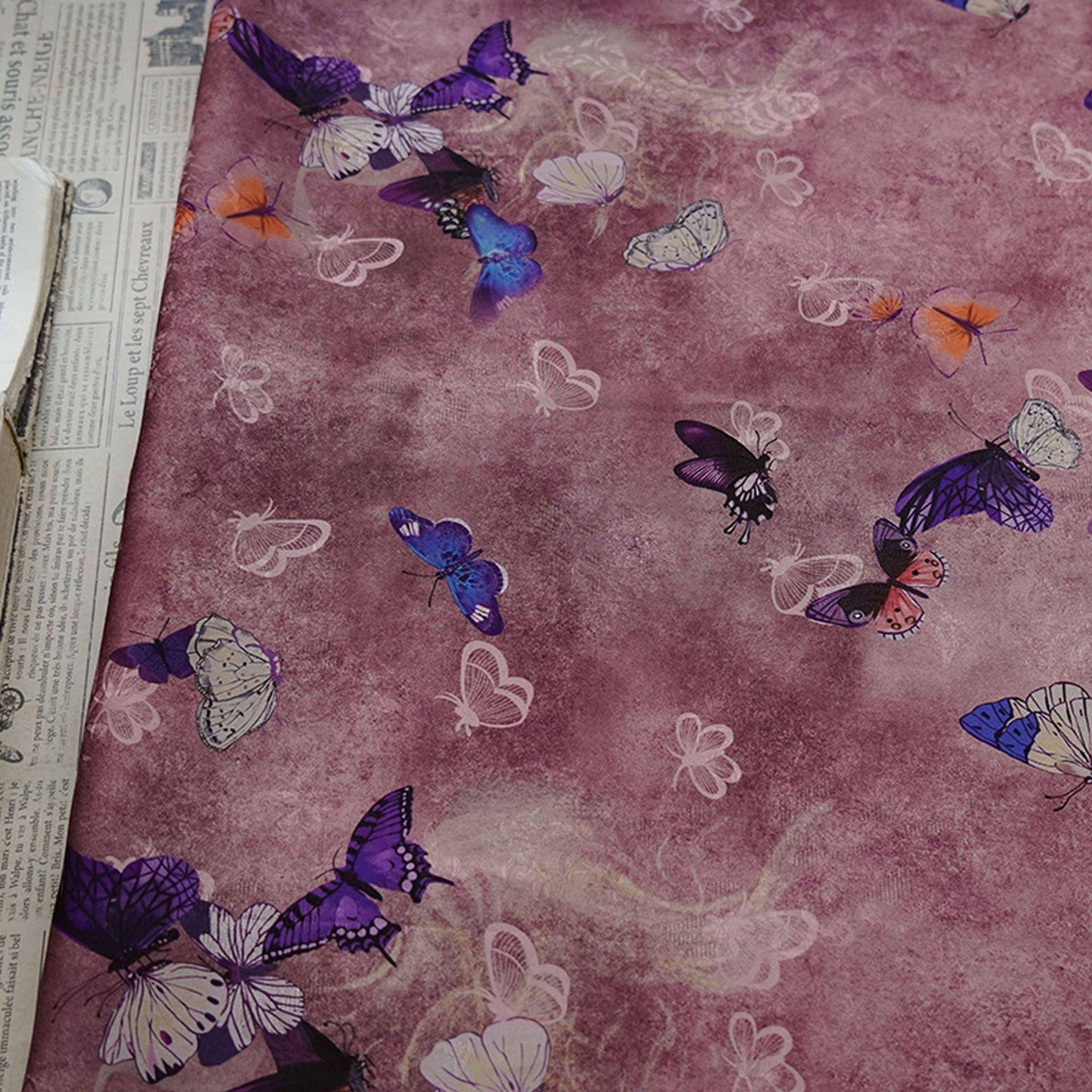 Butterfly Flower Tea Silk Satin Fabric: Digital Print, 55" Wide