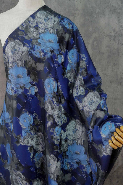 Blue Floral Brocade Fabric: Ink Painting Design, 60" Wide