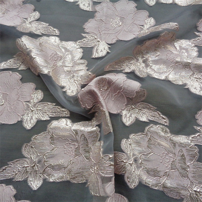 Blue & Gold Floral Jacquard Organza Fabric - 56"W