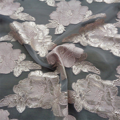 Blue & Gold Floral Jacquard Organza Fabric - 56"W