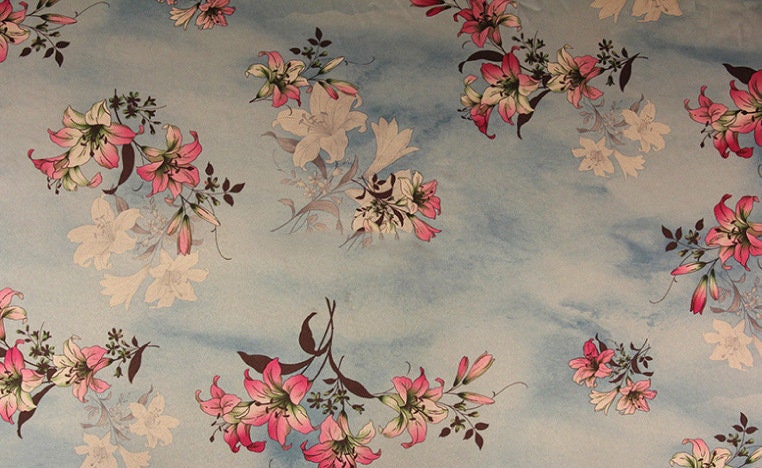 Lily Print Silk Satin Fabric: Gambiered Canton Gauze, 59" Wide