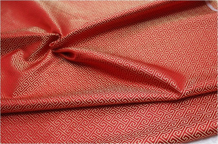 Chinese Brocade Fabric: Small Fret Pattern Silk Rayon Blend