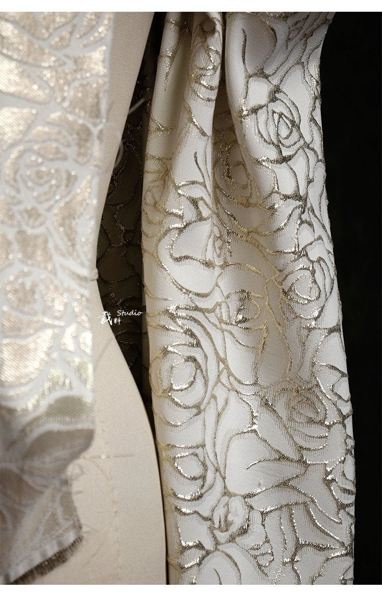 Gold Thread Rose Jacquard Fabric: 3D Texture Designer Sewing, 55" Wide