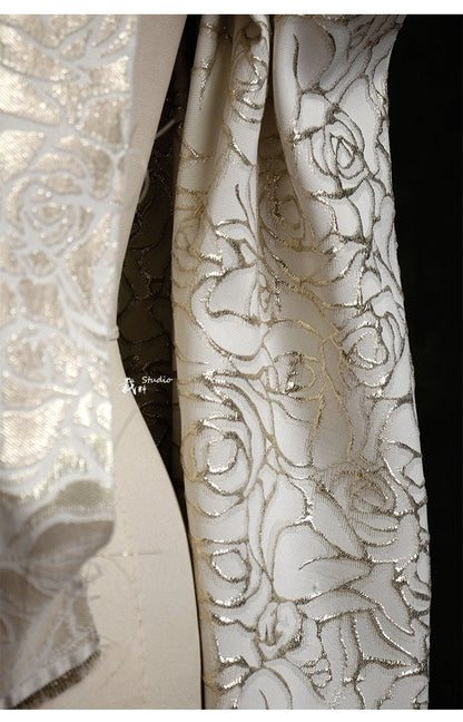 Gold Thread Rose Jacquard Fabric: 3D Texture Designer Sewing, 55" Wide