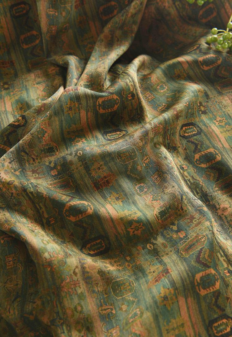 Ancient Chinese Ink Painting Cotton Fabric: Green Drapery Upholstery (55"W)