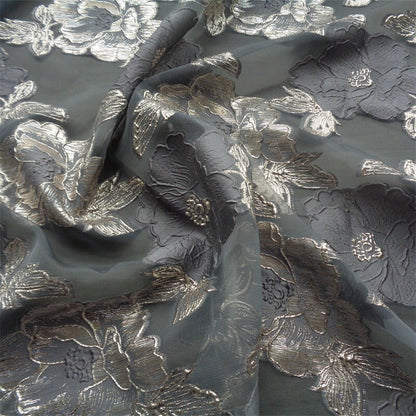 Blue & Gold Floral Jacquard Organza Fabric - 56"W