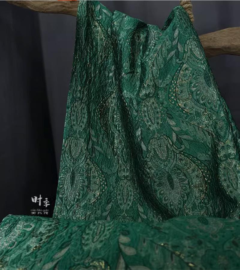 Green Embossed Jacquard Polyester Fabric: 55''W Designer Fabric