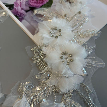 3D Floral Applique ��� Beaded Sequins Mesh Fabric, Wedding Lac
