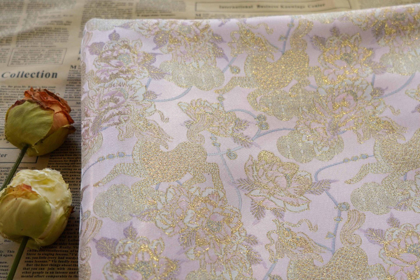 Gold Thread Pink Flower Jacquard Fabric: 3D Embossed Woven, 55"W