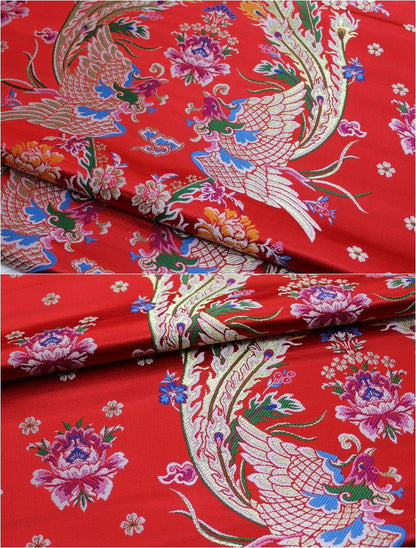 China Red Silk Brocade Fabric: Phoenix Wedding Gown Material