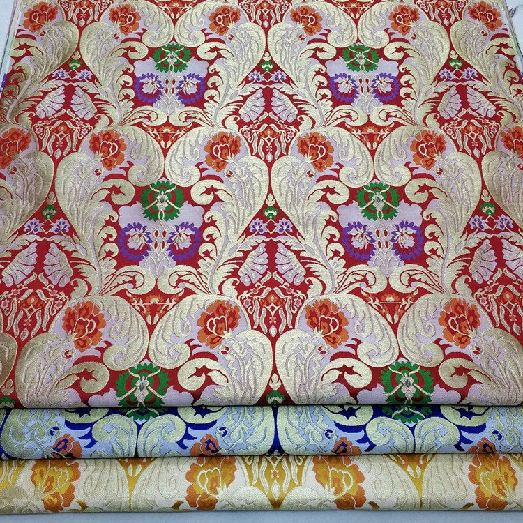 Chrysanthemum Brocade Fabric: Chinese Folk Tapestry Silk Rayon Blend, 29" Wide
