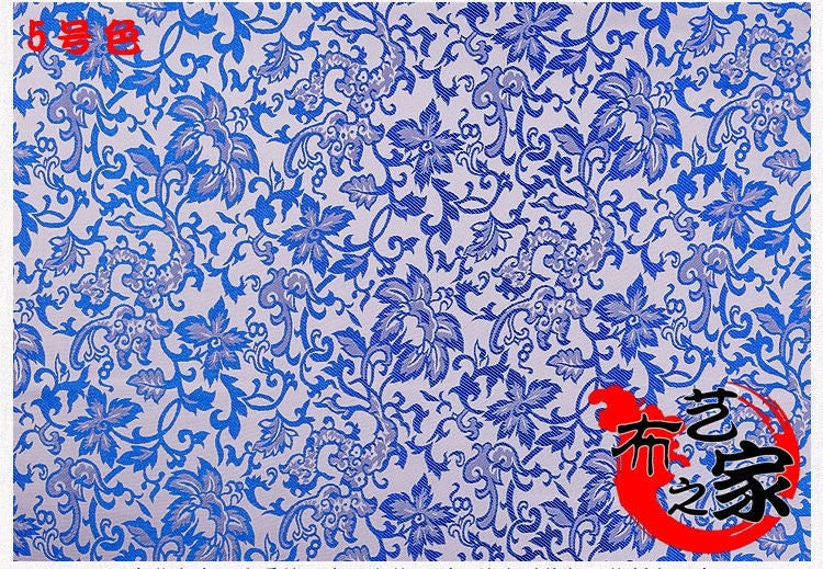 Blue & White Floral Jacquard Damask Fabric - 29.5"W Rayon Sewing Material