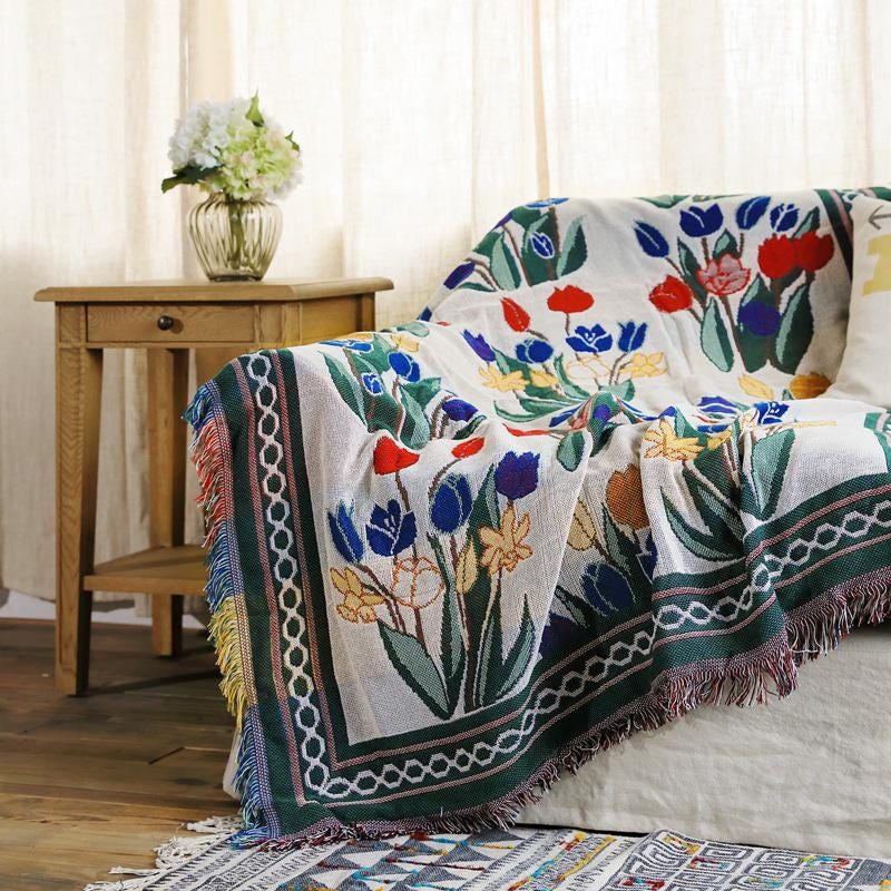 Vintage Floral Sofa Throw Blanket: European-Style Cotton Woven Rug
