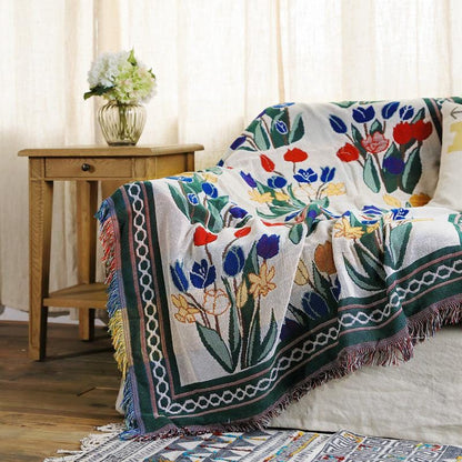 Vintage Floral Sofa Throw Blanket: European-Style Cotton Woven Rug