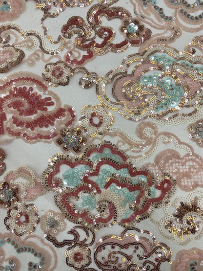 Auspicious Cloud Sequin Embroidery Fabric: Soft See-Through Polyester