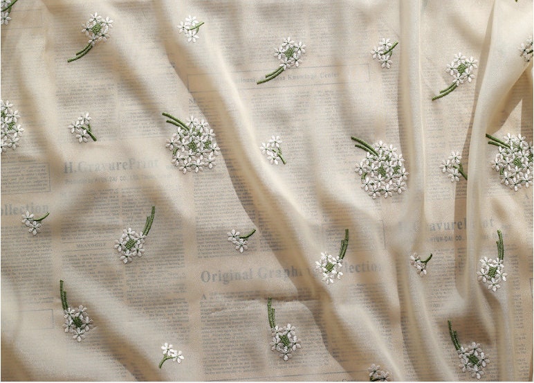 Hydrangea Embroidered Chiffon Fabric: Apricot Sheen, 57" Wide - By The Meter