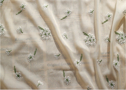 Hydrangea Embroidered Chiffon Fabric: Apricot Sheen, 57" Wide - By The Meter