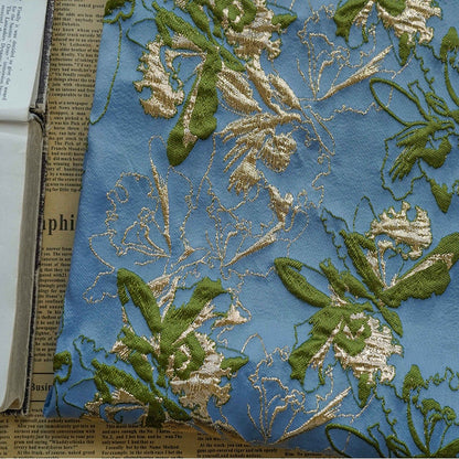 Blue Dandelion Jacquard Fabric: Gold Shimmering Embossed Woven, 57"W - By The Meter