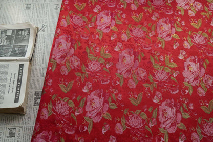 Red Peony Brocade Fabric: Gold Thread Jacquard, 64" Wide