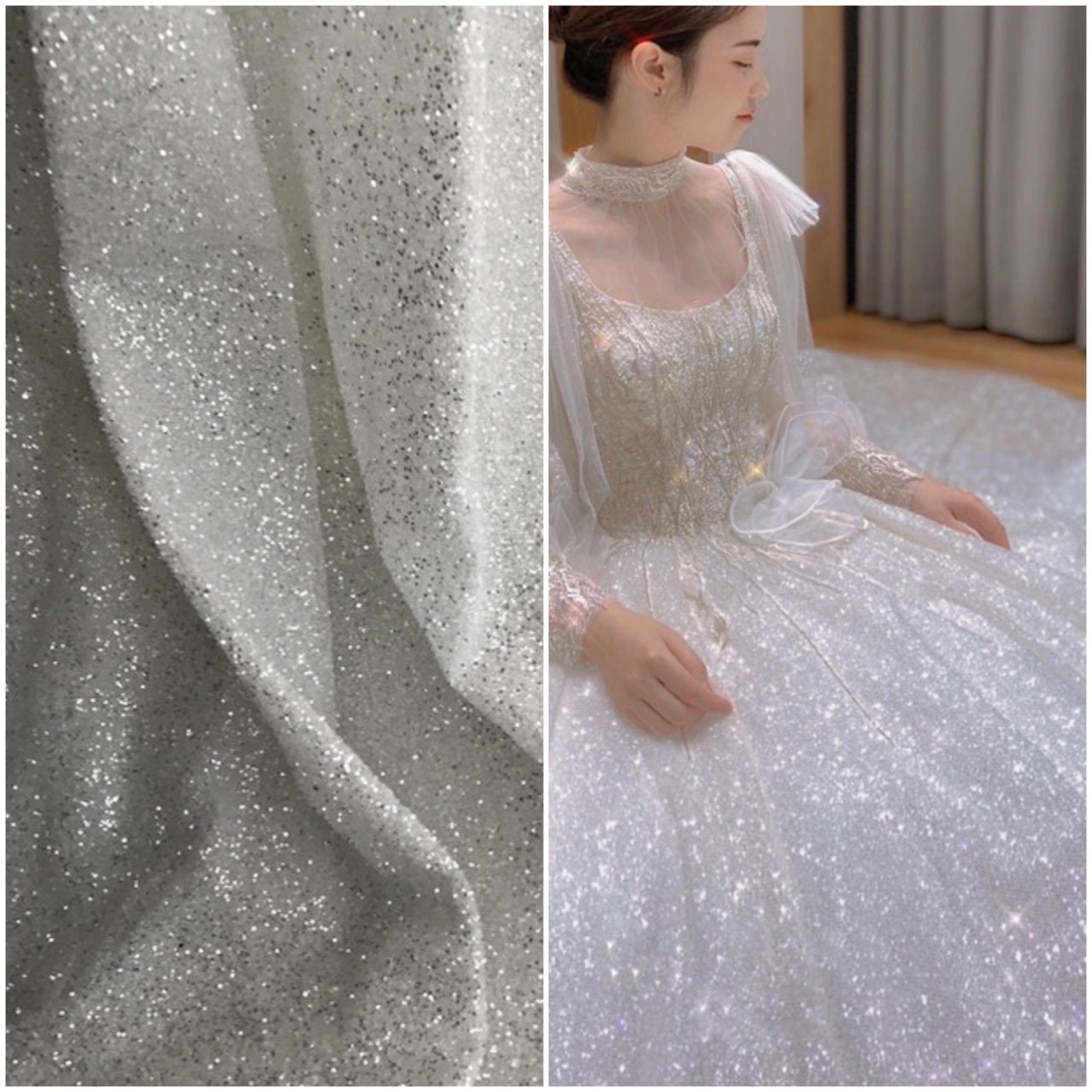 Glitter Lace Fabric: Shiny White Bronzing Foil on Tulle (51"W)
