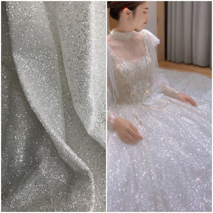 Glitter Lace Fabric: Shiny White Bronzing Foil on Tulle (51"W)